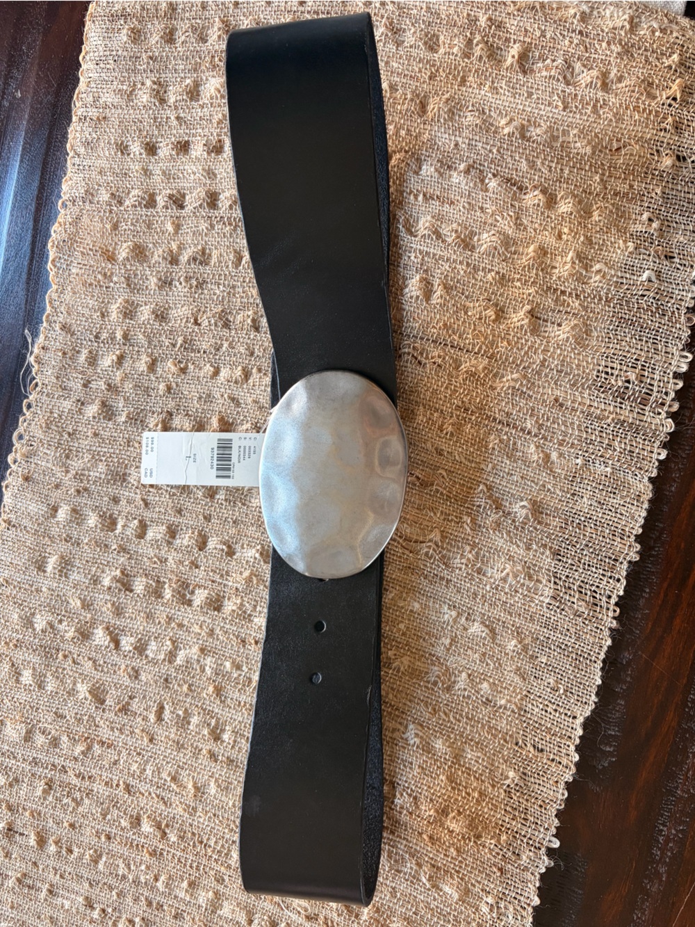 Anthropologie Wide Black Belt with Hammered Silver Oval Buckle - Large